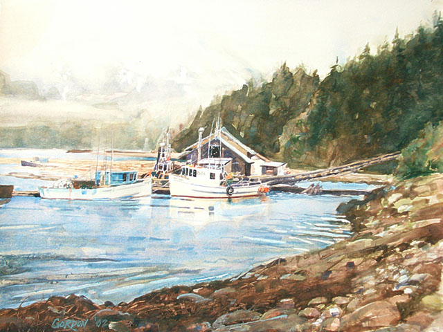 Log Boats in Bella Coola Bay – Watercolor Painting